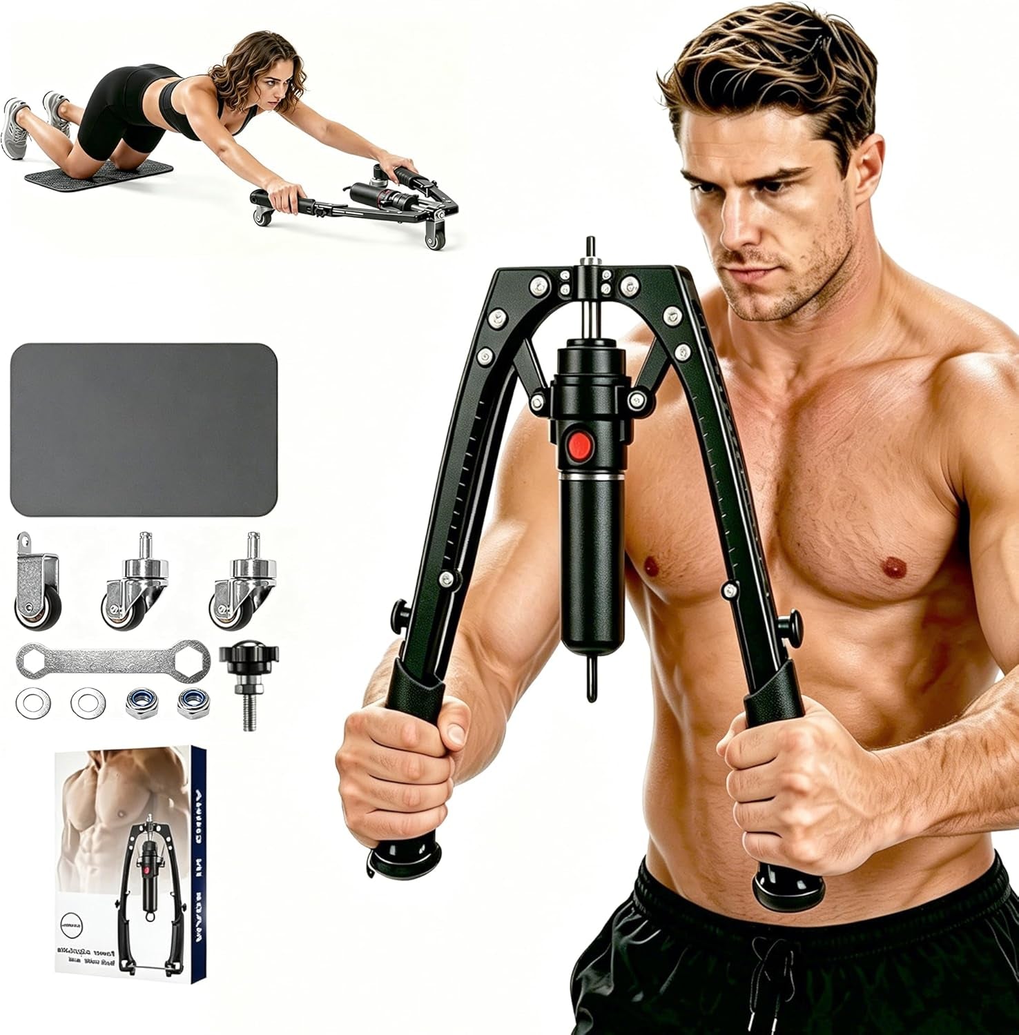Training Twister Arm Trainer, 3 in 1 Hydraulic Power Chest Workout Equipment with Ab Roller Wheels and Hooks, 22-440Lbs for Men Women, Home Gym Equipment for Full Body Strength Training