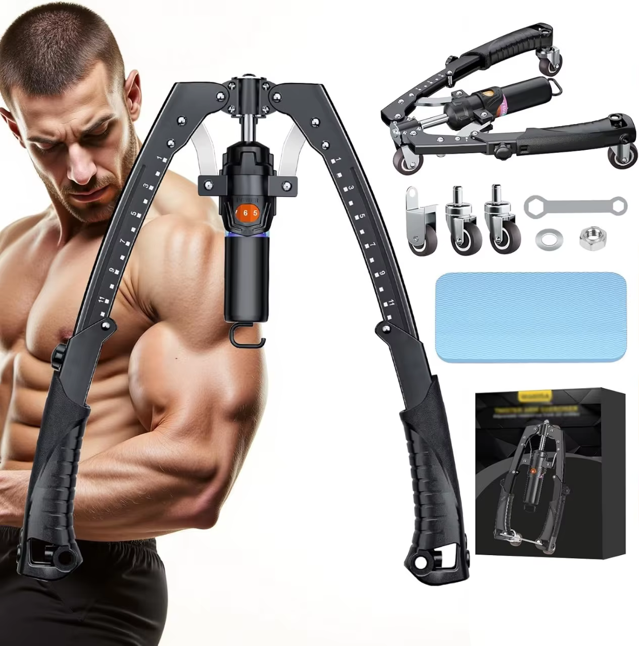 Twister Arm Trainer, 3 in 1 Hydraulic Power Chest Workout Equipment with Ab Roller Wheels and Hooks