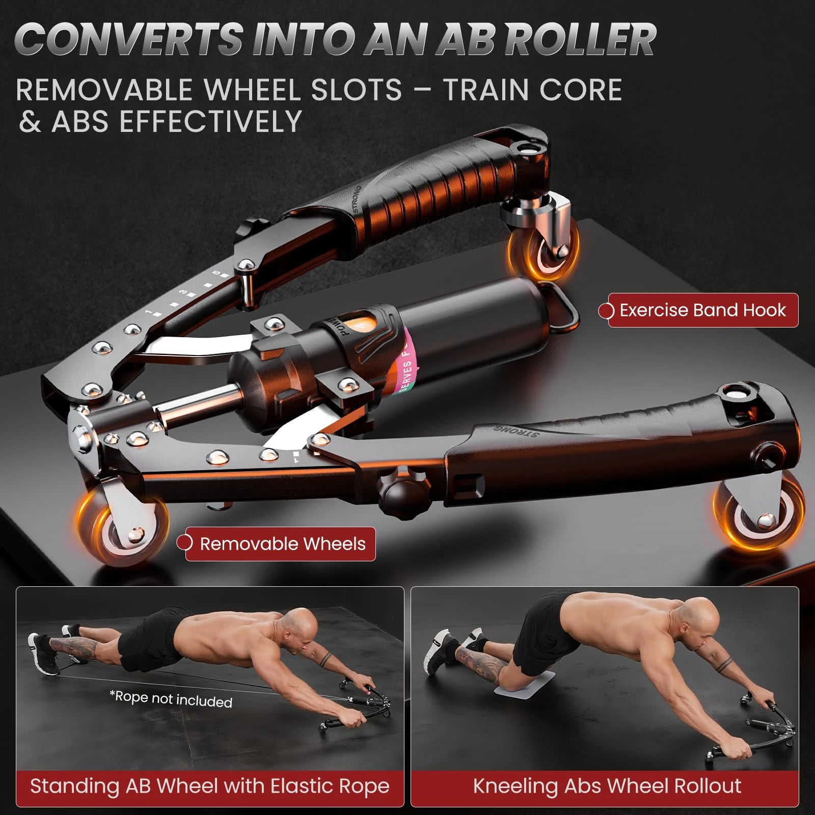3-in-1 Hydraulic Upper Body Trainer & Ab Roller Wheels (22-440lbs)