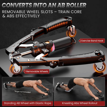 3-in-1 Hydraulic Upper Body Trainer & Ab Roller Wheels (22-440lbs)