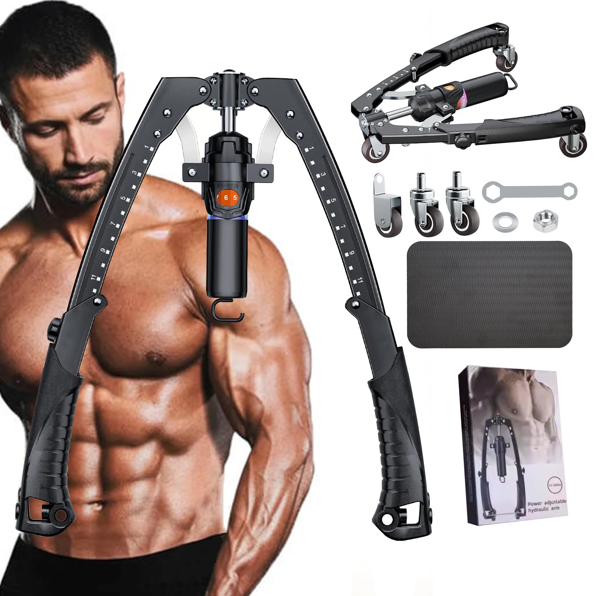 3-in-1 Hydraulic Upper Body Trainer & Ab Roller Wheels (22-440lbs)