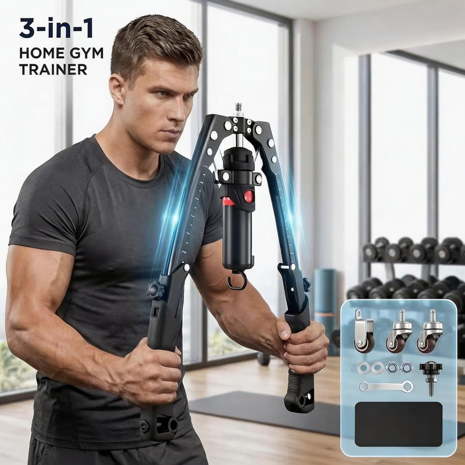 Adjustable Hydraulic Arm Trainer | 22-440Lbs Power Twister & Chest Exerciser with AB Roller, 3-In-1 Home Gym Equipment for Upper Body Strength Training for Men Women